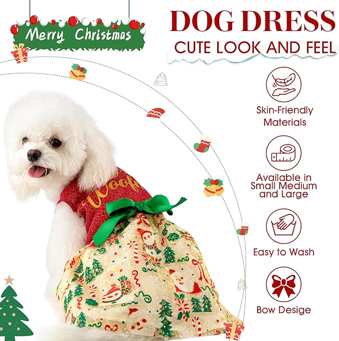 Dog Christmas Outfit Cute Dog Christmas Dress with Bowknot Tulle Puppy Clothes for Small Medium Dogs Cats Boys Girls Pet Costume