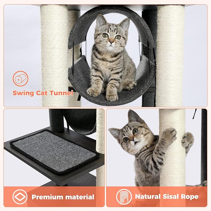 52" Cat Tree for Indoor Cats Large Adult, Modern Cat Tower with Fully Sisal Covered Scratching Posts, Cat Furniture with Spacious Perch, Super Large Hammock, Cozy Condo and Swing Tunnel Black