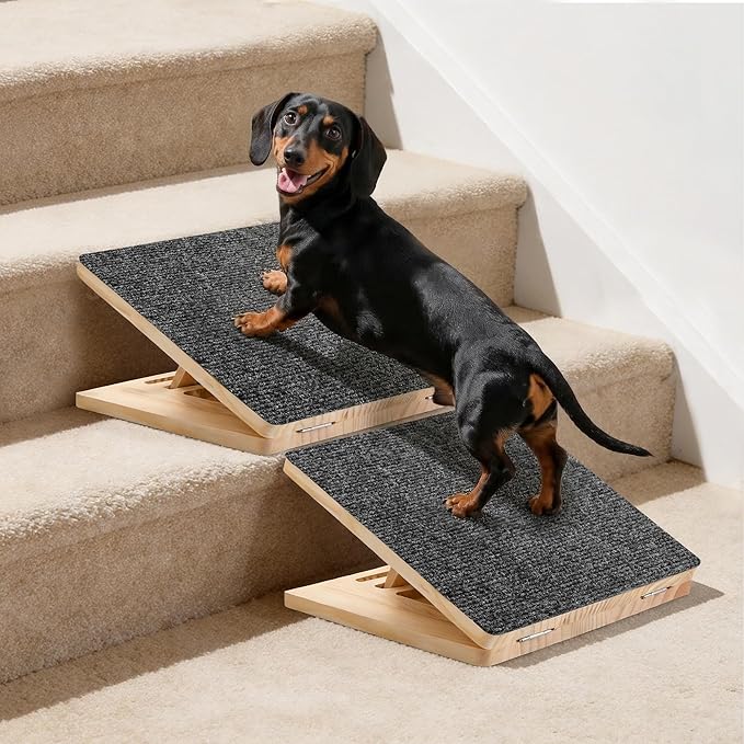 Dog Ramp for Stairs 2 Pack - Adjustable Wooden Stair Wedges for Small Dogs, Foldable Indoor Dog Stair Ramp with Triangular Support and Non-Slip Pads for Senior and Short-Legged Pets