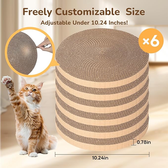 6pcs Cat Scratch Pad, Cat Scratcher Cardboard & Cat Scratching Pads - Round Cat Scratcher Refill, 10 Inch Diameter 7/8 Inch Thick cat scratchers for Indoor Cats