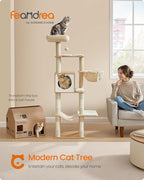Feandrea Cat Tree, 65-Inch Tall Cat Tower, Multi-Level Condo with Cave, Basket, Hammock, Pompom, Scratching Posts, Almond Yellow UPCT118Y01