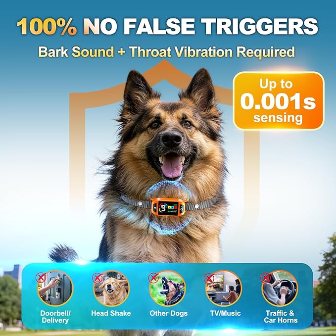 Bark Collar AI Dual-Detection, Instant Quiet Anti Bark Device 4 Training Modes, 30-Day Battery, One-Click Peace, 9-Level Sensitivity Automatic Dog Bark Collar for Large Medium Small Dogs,Orange
