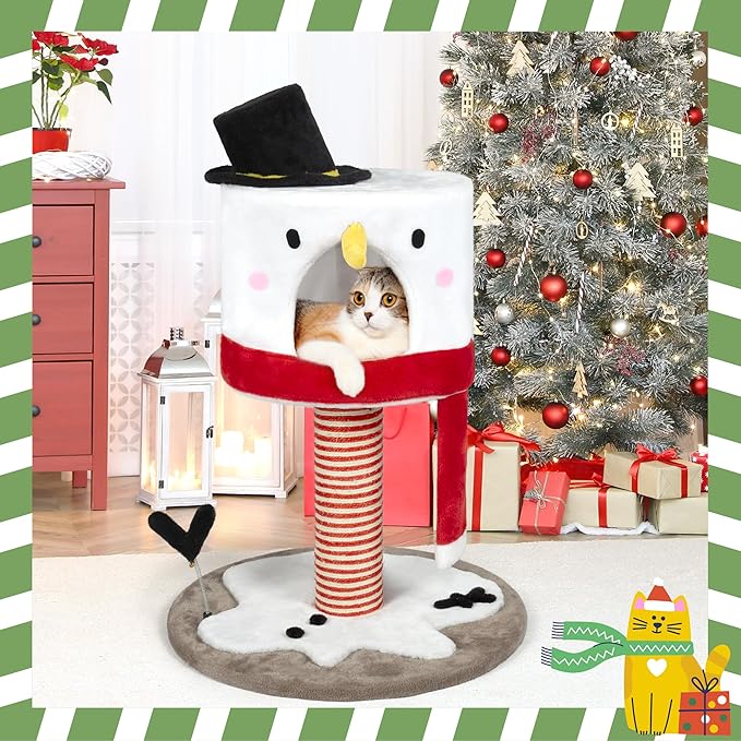KAMABOKO Christmas Cat Tree Cat Tower with Cat Condos, 35" Multi-Level Top Perches, Sisal Ramp Scratching Posts, Cozy Basket, Hammocks, Large Cats Pet Activity Structure
