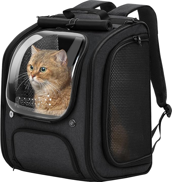 Pecute Cat Backpack Carrier, Large Space Cat Bubble Backpack, Breathable Cat Carrier, Shaded Dog Backpack Carrier, Ergonomic 3D Design for Travel, Hiking, Walk, Suitable for Shopping, Car, Vet, Black