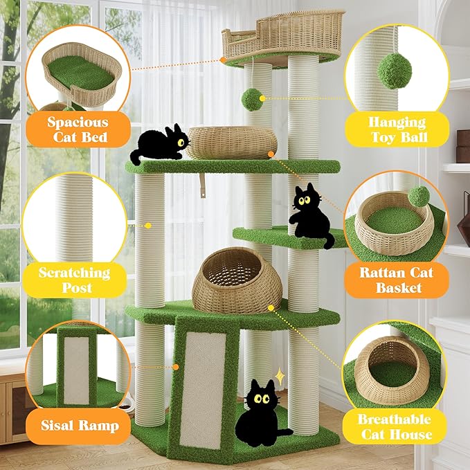 SHA CERLIN 57-Inch Cat Tree Tower for Indoor Cats, Multi-Level Cat Condo with 3 Rattan Woven Beds, Plush Platforms, Sisal Scratching Posts & Interactive Toys - Green Cat Furniture