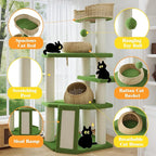 SHA CERLIN 57-Inch Cat Tree Tower for Indoor Cats, Multi-Level Cat Condo with 3 Rattan Woven Beds, Plush Platforms, Sisal Scratching Posts & Interactive Toys - Green Cat Furniture