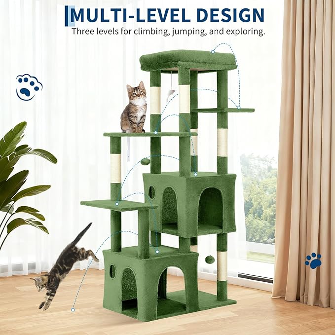 Green 61" Heavy Duty Cat Tree for Large Indoor Cats & Maine Coon, Fresh Multi-Level Cat Tower with Extra Large Perch, 2 Spacious Condos, Natural Sisal Scratching Posts & Interactive Toys