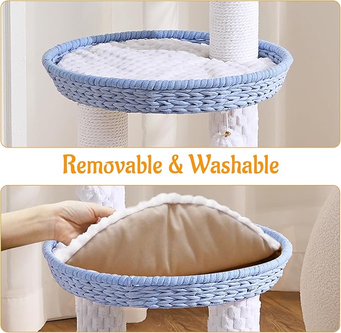 HITTITE Modern Cat Tree Tower with Scratching Post, 46 Inches Tall Cat Towers with Woven Cat Nests and Cave, Multi-Level Cat Tree With Removable Cushions and Massage Brush for Indoor Cats Large Adult.