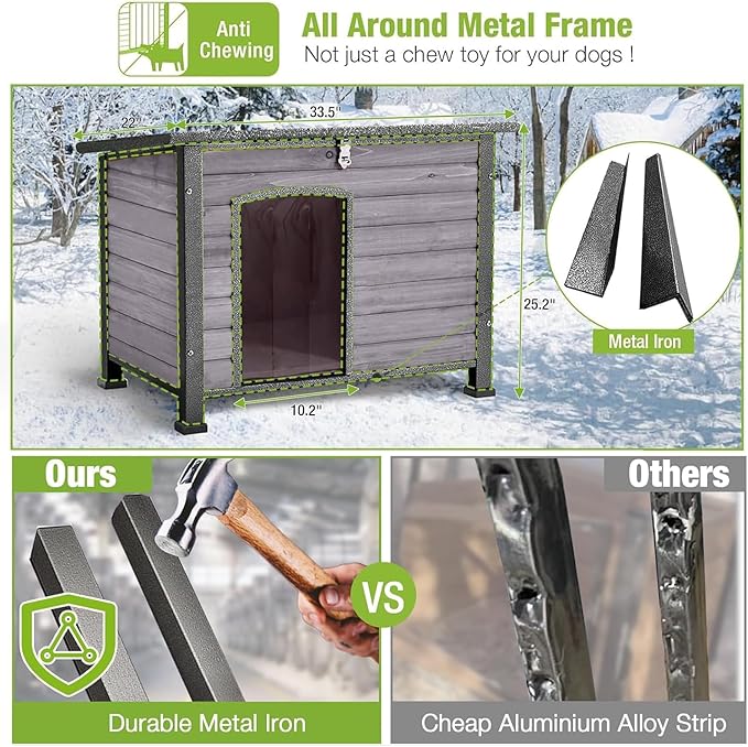 GUTINNEEN Heated Dog House Outdoor Insulated Dog Kennel with Heater, Durable Metal Frame, Chew-Resistant Cord, 6-Sided Thermal Liner, PVC Door Curtain for Winter (Grey)