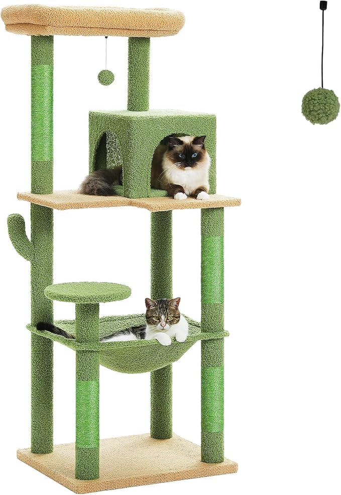 PETEPELA Floor to Ceiling Cat Tree [87"-100"] Height Adjustable, 5 Levels Cactus Cat Tower+56.3'' Tall Cat Tree for Indoor Cats, Cactus Cat Tower