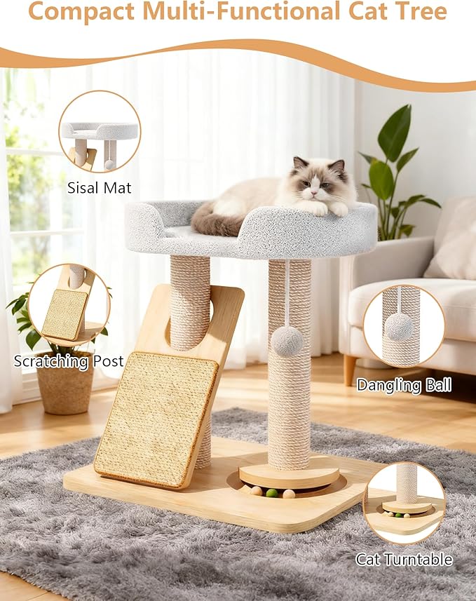 Simcat Cat Tree for Indoor Cats Large Adult, Cat Tower ower with Scratching Board/Post，Cat House with Solid Wood Turntable and Catnip Ball for Play