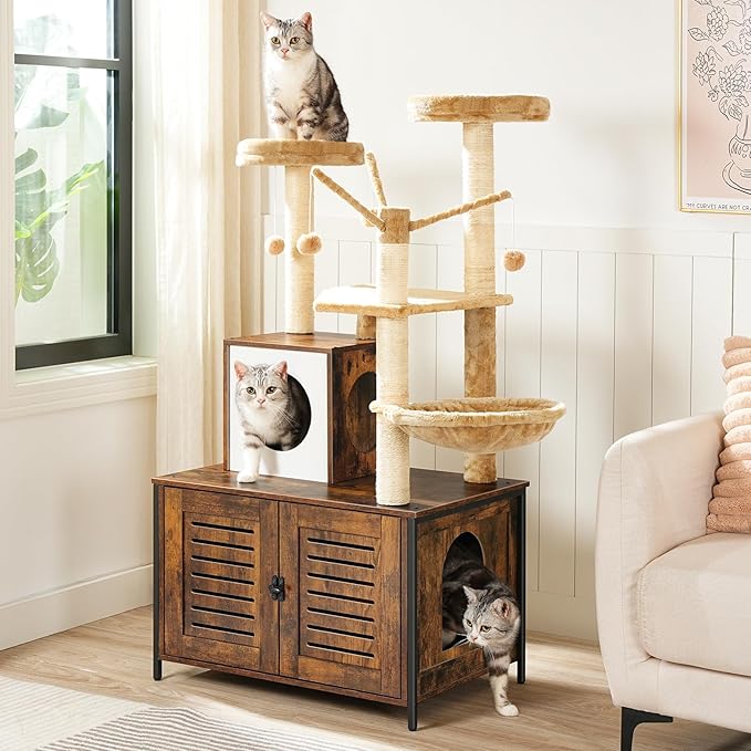 HOOBRO Cat Tree with Litter Box Enclosure, Scratching Posts, Litter Box Enclosure Furniture for Indoor Cats, All-in-One Wooden Cat Tower Condo House with Cat Hammock, Rustic Brown BF14MZ03