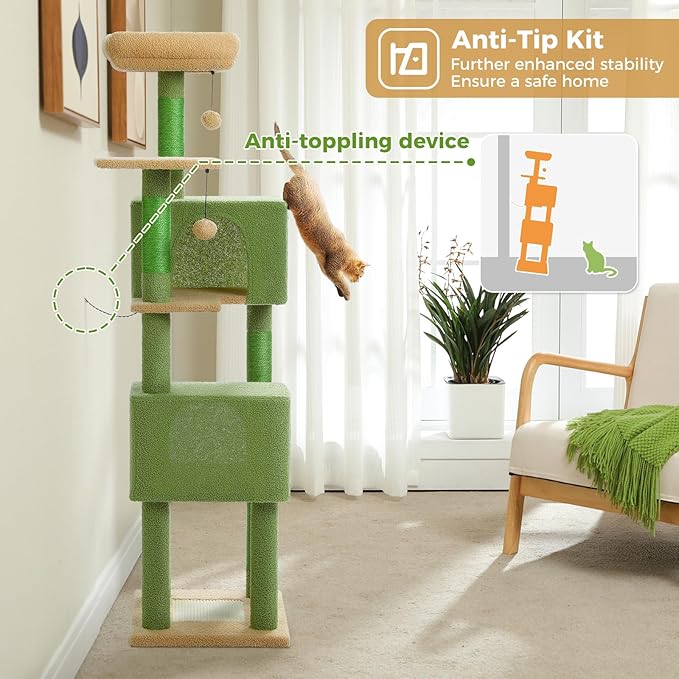 PEQULTI 62" Cat Tree for Indoor Cats, Multi-Level Cat Tower with Cozy Cat Condo Clearance Prime, Green