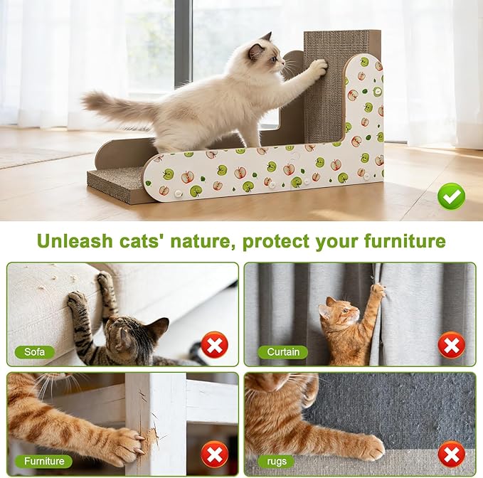 Cat Scratcher, 22.7’’ L-Shaped Cat Scratching Board for Indoor Cats, Large Cardboard Cat Scratcher with Ball Toy & Catnip, Double-Sided Cat Scratch Pad for Wall, Couch