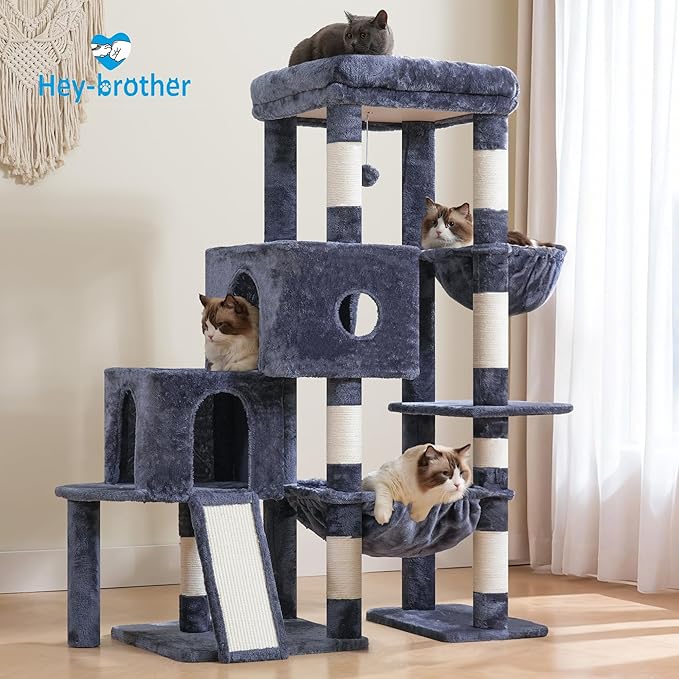 Hey-brother Cat Tree Tower, Scratching Posts with Big Platform, 2 Condos, Spacious Hammock, Cozy Basket, Sisal Board for Indoor Large Adults, 50 Inches Progressive Climbing House, Smoky Gray MPJ071G
