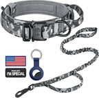 DAGANXI Tactical Dog Collar, Adjustable Military Training Nylon Dog Collar with Control Handle and Heavy Metal Buckle for Medium and Large Dogs, with Patches and Airtags Case (M, Camo-Set)