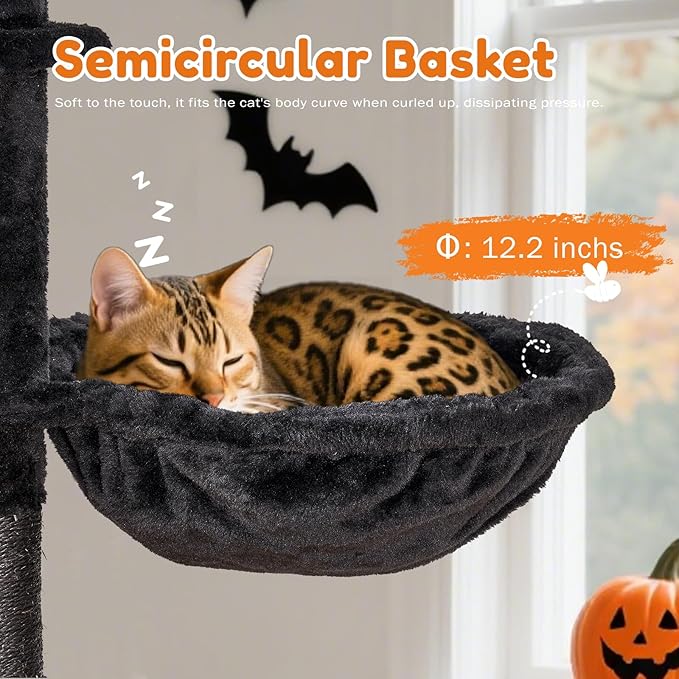 Cat Tree,Cat Tower for Indoor Cats,49-Inch Corner Cat Condo with Scratching Post,Tunnel,Basket,Plush Perch,Gothic Kitten Tree for Climbing,Exercise,Hidden,Black