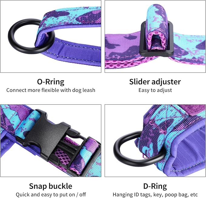 Annchwool No Pull Dog Harness with Padded Handle+5 Ft Leash,Escape Proof and Quick Fit to Adjust Dog Harness,Easy for Training Walking for Small & Medium and Large Dogs(Camo Purple Set,M)