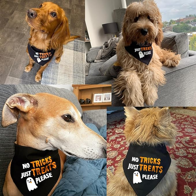 Halloween Dog Bandanas with Saying - No Tricks Just Treats - Holiday Cat Triangle Neck Scarf, Costume Pet Accessories, 5-30lbs, Small and Medium Breed
