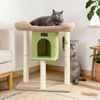 Cat Tree Tower Scratching Post for Indoor Large Cats, Small Cat Tree with Big Perch Bed, 28in Tall Trees House with Condo Cave, Toy Balls, Modern Climbing Furniture Platform for Kitten (Green)