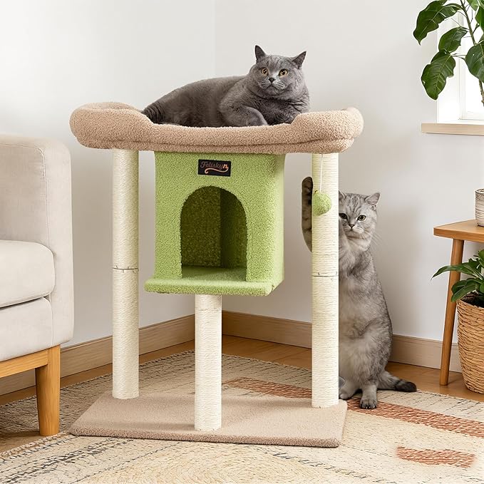 Cat Tree Tower Scratching Post for Indoor Large Cats, Small Cat Tree with Big Perch Bed, 28in Tall Trees House with Condo Cave, Toy Balls, Modern Climbing Furniture Platform for Kitten (Green)