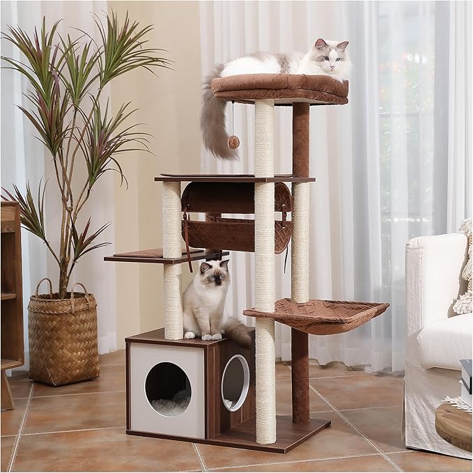 52" Wood Cat Tree for Large Cats, Modern Cat Tower with Fully Sisal Covered Scratching Posts, Luxury Cat Furniture with Spacious Perch, Super Large Hammock, Cozy Condo and Swing Tunnel Brown