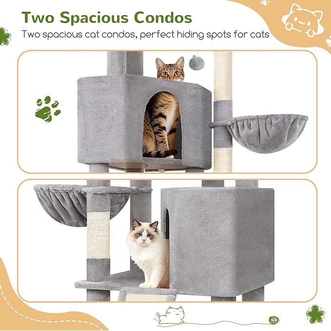 Globlazer Sturdy Cat Tree, 69-inch Large Cat Tower for Indoor Adult Cats 20 lbs Heavy Duty Cat Tree for Big Cats with Large Platform, 6 Scratching Post,Sisal Scratching Board, S69B, Light Gray