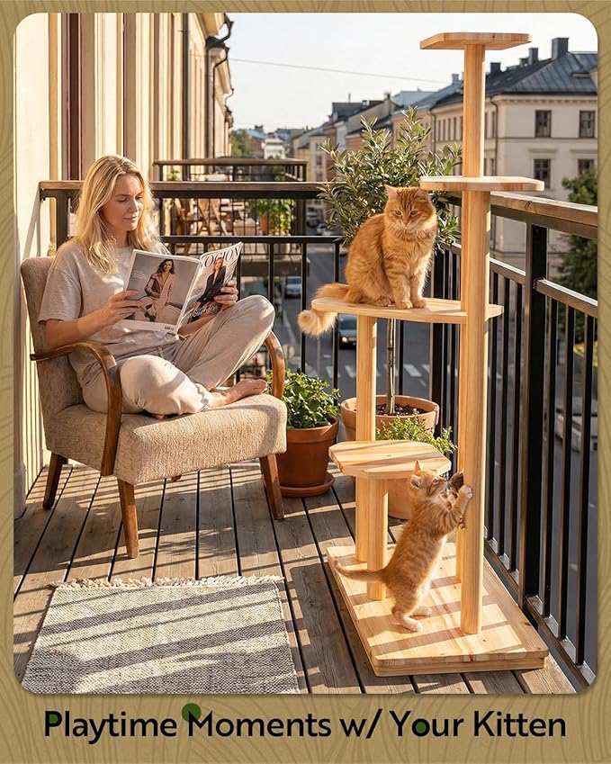 60" Tall Outdoor Cat Tree, Cat Tower Weatherproof for Patio, Garden, Balcony, Durable 4-Tier Natural Wood w/Scratching Posts for Multiple Cats,Outside&Indoor Adult Cats and Kittens Play, Climbing