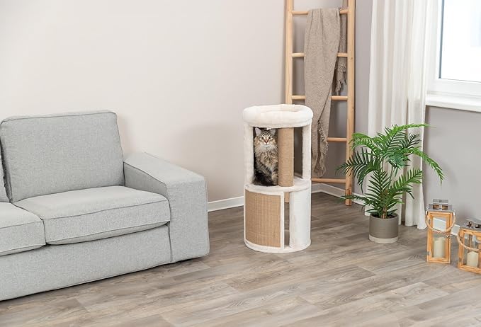 Trixie Giorgia Cat Tower – Cat Tree with Thick Sisal Posts, Caves, Platforms & Hanging Toy – Durable Cat Furniture for Indoor Cats – Beige, 15.7" x 15.7" x 32.3"