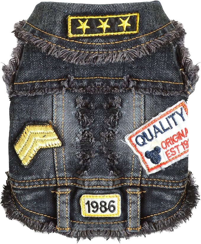 Cool Dog Jean Jacket Small Puppy Outfits Frenchie Clothes Denim Coats for Small Medium Dogs Cats Boys Girls Pet Vest Dog Shirt Clothing Doggy Costume (Black Print, L（Suggest 9-12 lbs）)