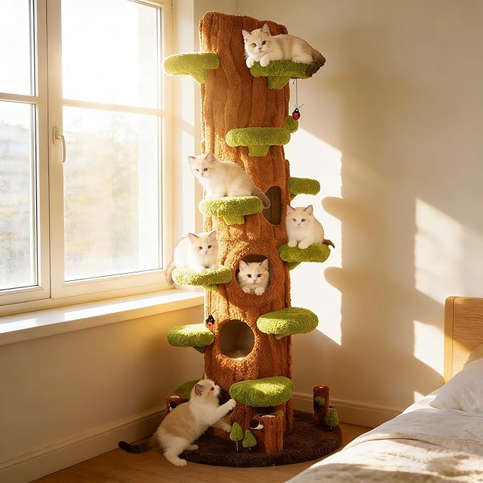 NUNU LAB Luxury Cat Tree for Indoor Cats- 90.5" Super Large Magic Forest Cat Tree Tower with Sisal Scratching Pad, Multiple Condo, Jumping Platforms and Plush Toys for Multi-Cat Household