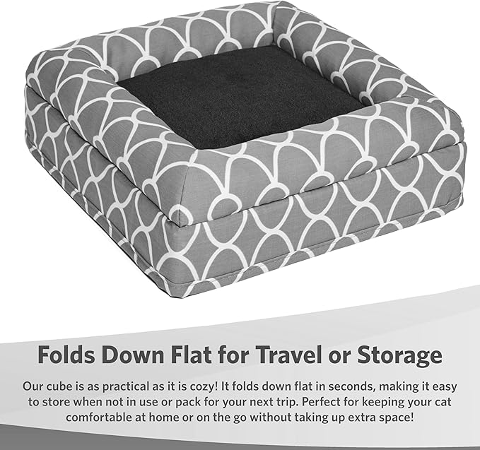 MidWest Homes for Pets Feline Nuvo Curious Cat Cube, Foldable Cat Hideout with Toy, Bolstered Bed Top, Gray Geo Print, Faux Fur