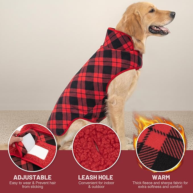cyeollo 3XL Dog Coat, Fleece Sherpa Winter Sweater Coats, Turtleneck Dog Jacket Vest for Large Dogs with Leash Hole, Soft Reversible Pet Coats for Cold Weather, Buffalo Plaid XXXL