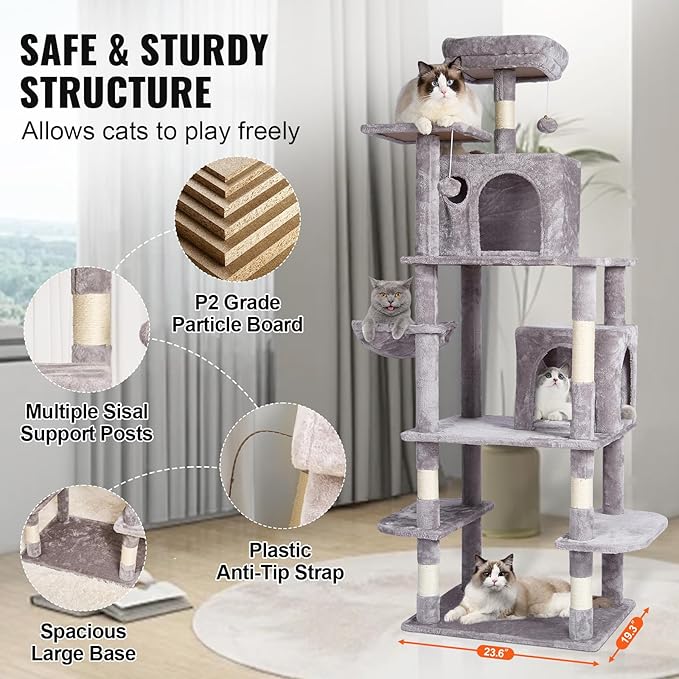 Happybuy Cat Tree for Indoor Cats, 68.5" Cat Tower with 2 Cat Condos, Sisal Scratching Post, Hammock, Top Perch, Jumping Platforms, Large Cat Furniture Activity Center with Hang Ball, Light Grey