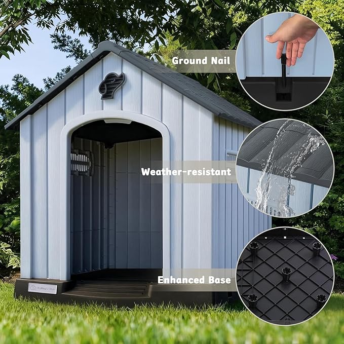 PUKAMI Dog House Outdoor Indoor for Medium Large Dogs, Plastic Dog House Weatherproof, Sturdy Puppy Shelter with Air Vents and Elevated Floor, Easy Clean and Assemble (Grey, 31.5"D x 33.5"W x 33.9"H)
