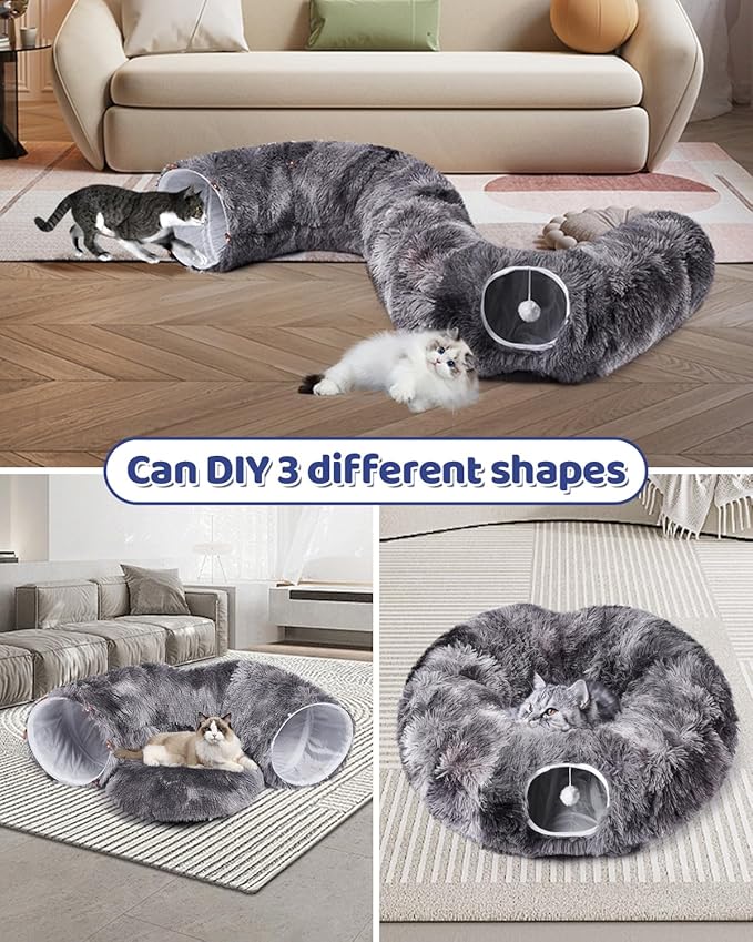 Cat Tunnel Bed with 20 Pcs Interactive Toys, 3-in-1 DIY Collapsible Plush Cat Tube with Washable Mat, Large Indoor Play Tunnel Cave for Kittens and Small Animals