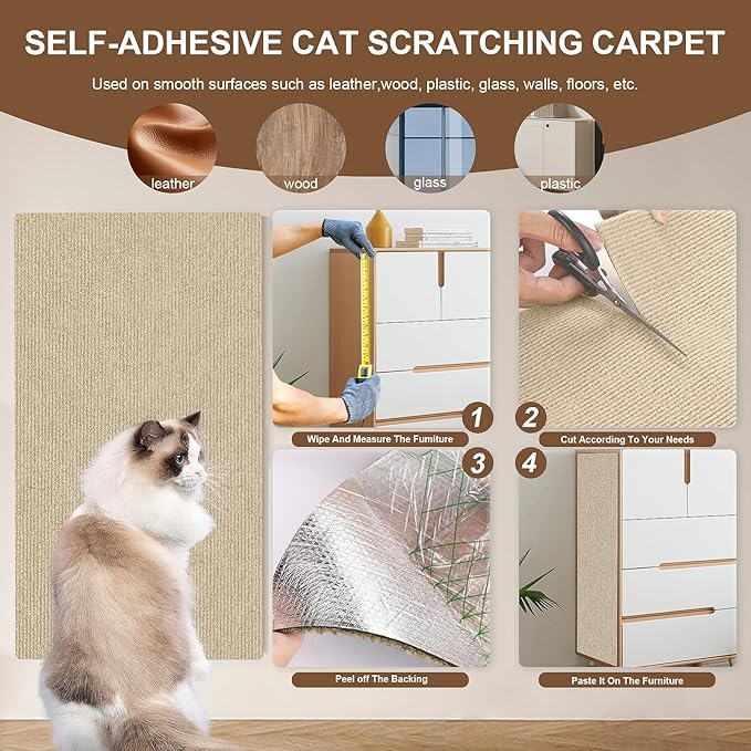 Cat Scratching Mat, 78.7"x15.8" Self-Adhesive Carpet Mat Trimmable Replacement for Cat Tree, Cat Wall Shelves, Cat Scratching Post, DIY Couch Sofa Furniture Door Protector