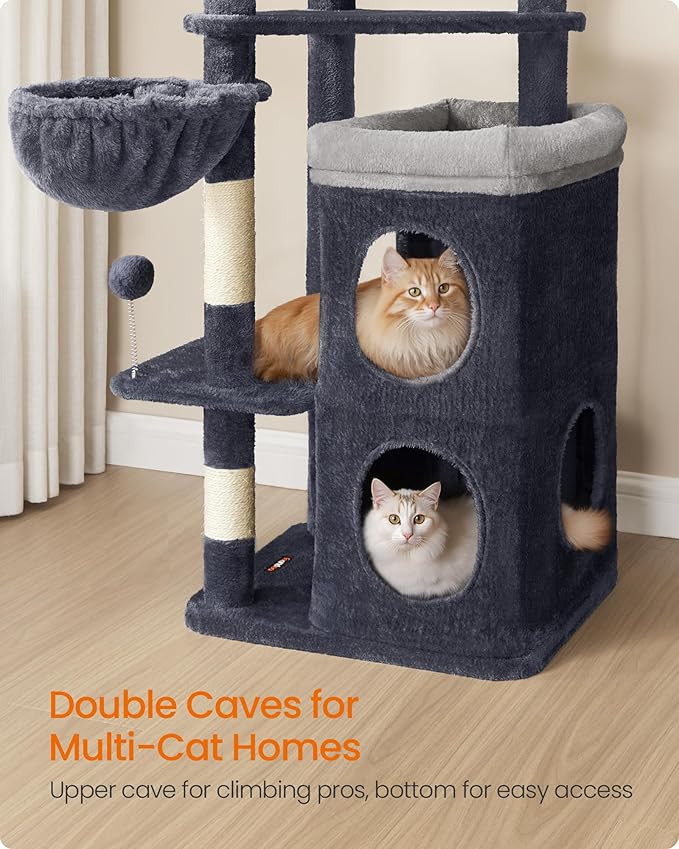 Feandrea Cat Tree, 60-Inch Cat Tower, Multiple-Level Plush Condo with 2 Caves, 3 Scratching Posts, 3 Perches, Dark Gray UPCT007G02