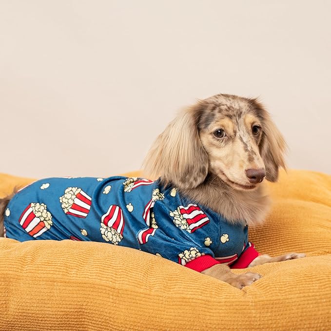 Fitwarm Popcorn Dog Pajamas, Funny Dog Clothes for Small Dogs Boy Girl, Fleece Pet Onesie with Feet, Blue, Red, White, Yellow, Small