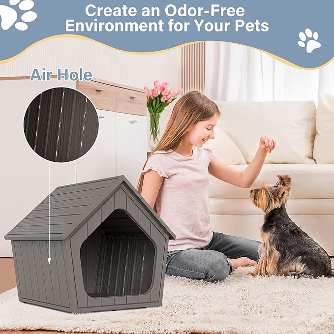 Bifanuo Dog House Outdoor Indoor for Small Dogs - Plastic Pet Shelter, Easy-Assemble & Weather-Resistant for Living Room, Balcony (Grey, 18" L x 22.4" W x 22.2" H)