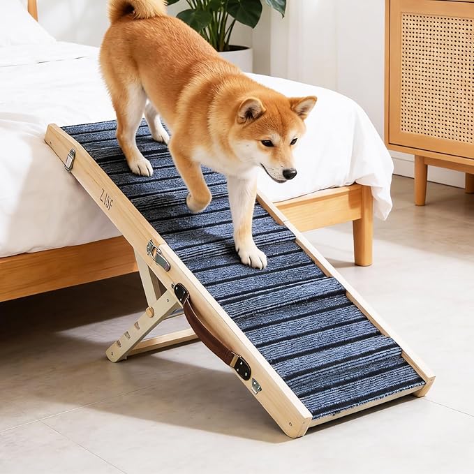 ZJSF Foldable Dog Ramp for High Bed, Wooden Dog Stairs to Bed for Small Dogs, High Traction Platform with 4 Adjustable Heights (14"-19.7"), 33", Supports up to 70 lbs