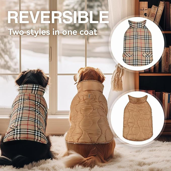 VIVAGLORY Softjoy Dog Coat, Dog Jacket for Winter & Christmas, Coat with Harness Hole, Reversible Plaid Checkered Warm Fluffy Heavy Duty for Puppy, L, Khaki