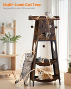 Modern Wood Cat Tree for Indoor Large Cats, 56 Inch Tall Cat Tower with Perch Bed, Multi-Level Trees with 2 Hammock, Cat Condo, Scratching Board, Removable Pads, Cat Furniture, Rustic Brown