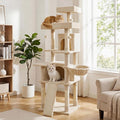 PETSITE Multi-Level Cat Tree, 65 Inches Tall with Sisal Scratching Posts, Condos, Rotatable Cat Basket, Dangling Balls, and Sisal Ladder, Ideal for Indoor Cats to Play and Rest (Beige)