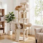 PETSITE Multi-Level Cat Tree, 65 Inches Tall with Sisal Scratching Posts, Condos, Rotatable Cat Basket, Dangling Balls, and Sisal Ladder, Ideal for Indoor Cats to Play and Rest (Beige)