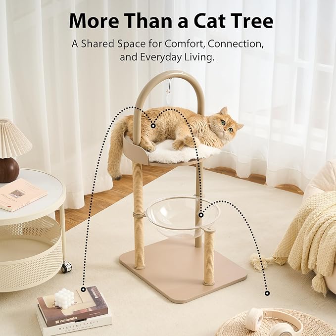 34" Modern Cat Tree Furniture, Minimalist Metal Frame Cat Tower with Wood Platforms, Washable Cushion & Scratching Post, Stylish Cat Condo for Indoor Cats, Cream Beige