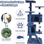 Cat Trees Towers for Large Cats, Cat Houses & Condos with Scratching Posts, Cat Bed Cave, Climbing Ladder, Pompoms, 54", Navy Blue