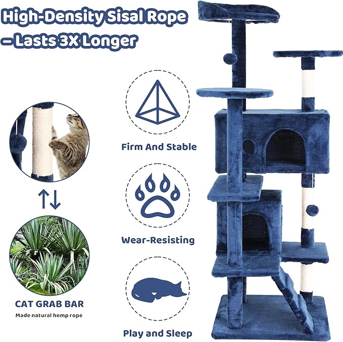 Cat Trees Towers for Large Cats, Cat Houses & Condos with Scratching Posts, Cat Bed Cave, Climbing Ladder, Pompoms, 54", Navy Blue