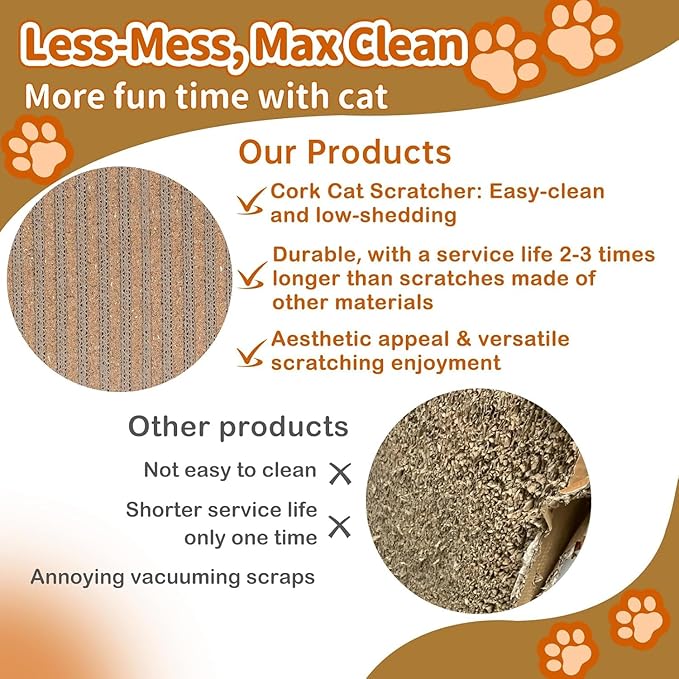 Natural Cork Cat Scratcher Boards for Wall & Floor - Natural Cork & Cardboard Blend, No Mess Splinters, Durable Easy Clean - Adjustable Height for All Cats, Furniture Protector【3-Pack】