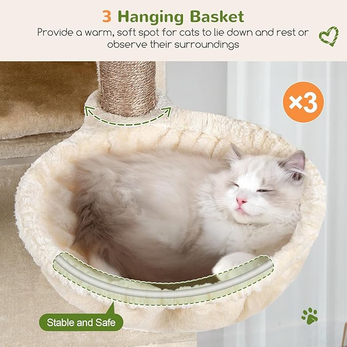 Globlazer Large Cat Tree, 72 inch Tall Cat Climbing Tower for Indoor Large Adult Cats Multi-Level Furniture Tree House with 2 Cozy Perches, 2 Padded Condos, 5 Sisal Scratching Posts, F72G, Beige